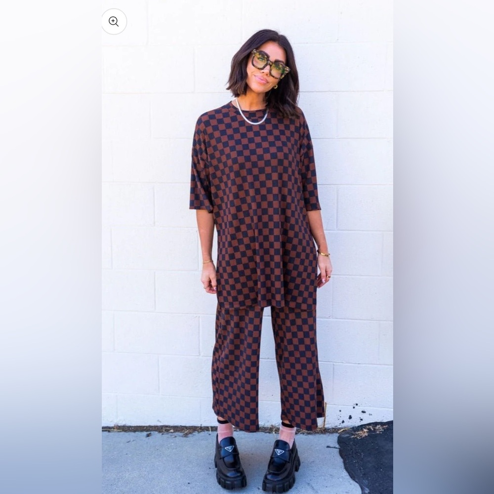 Dresses in Lala Lex Ribbed Brown Checkered Playsuit Set, Size M